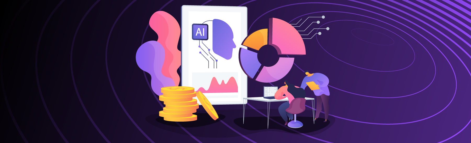 Banner colorido com desenho de gráfico.