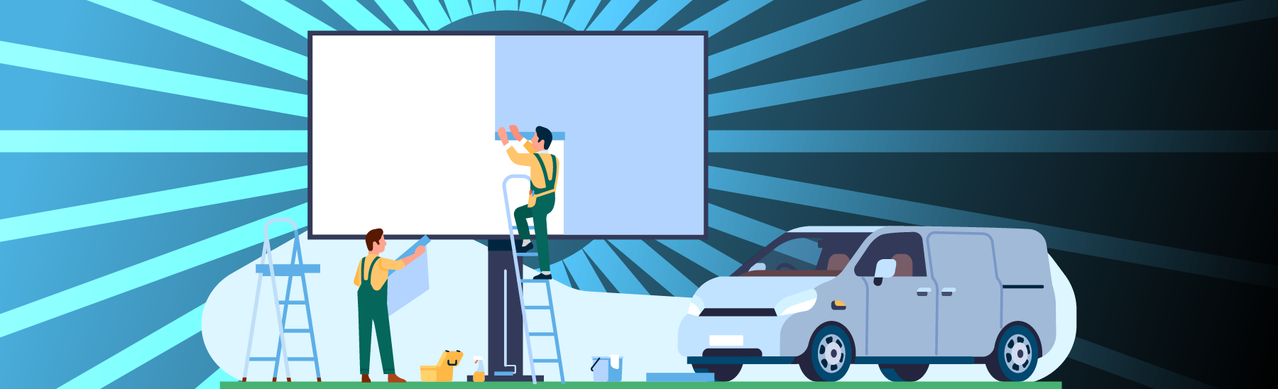Trabalhadores atualizando um outdoor. 