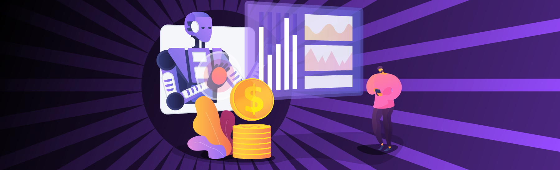 Banner preto e roxo com desenho de robô.