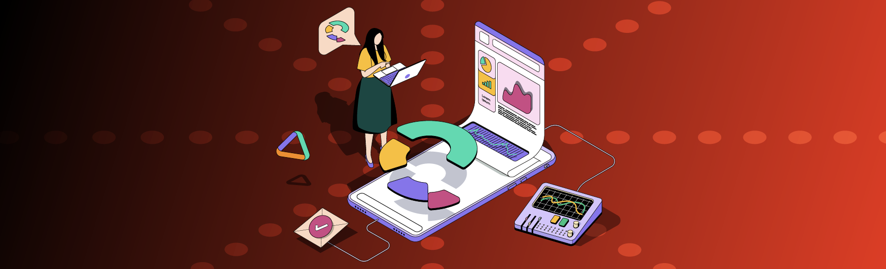 A imagem apresenta um fundo laranja com sombreamento preto, criando contraste e profundidade. No centro, há a figura de um celular eletrônico e, ao lado, uma mulher em posição analítica, representando o uso estratégico da tecnologia e análise de informações.