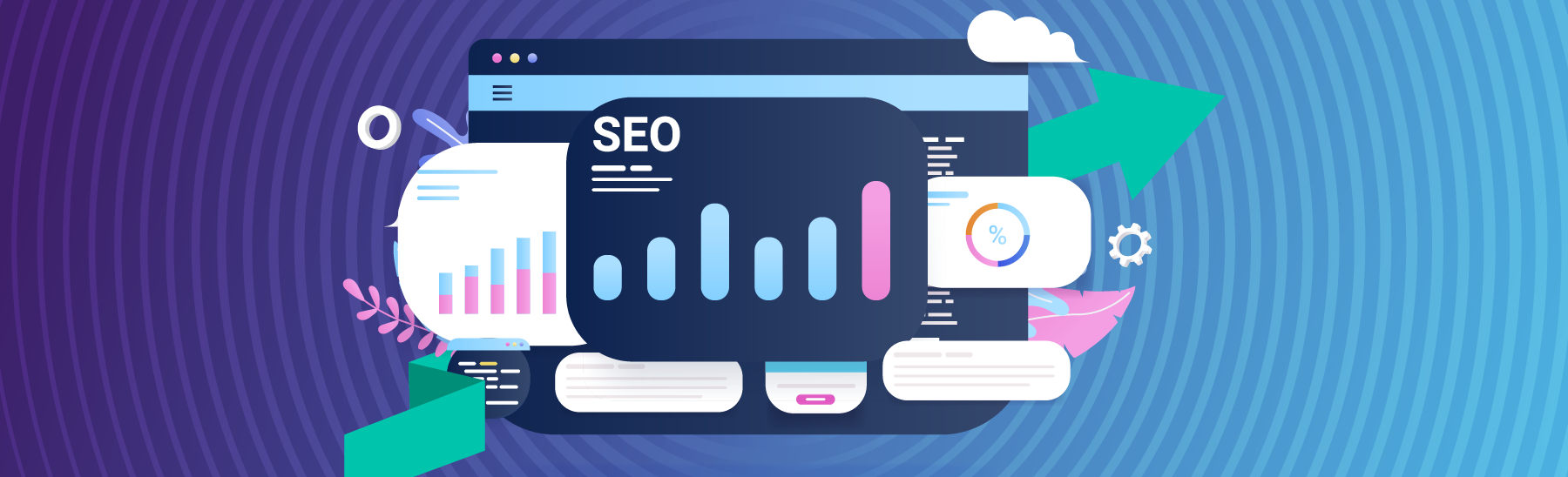 Imagem ilustrativa com fundo em tons de azul e roxo, contendo elementos gráficos que remetem ao uso de estratégias de SEO.