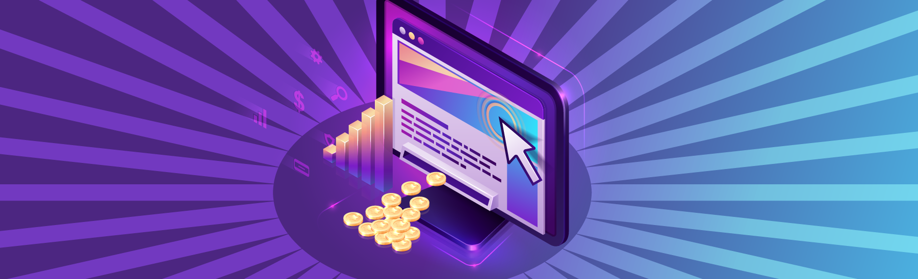 Imagem com fundo roxo e uma figura de um computador simbolizando a mídia paga.