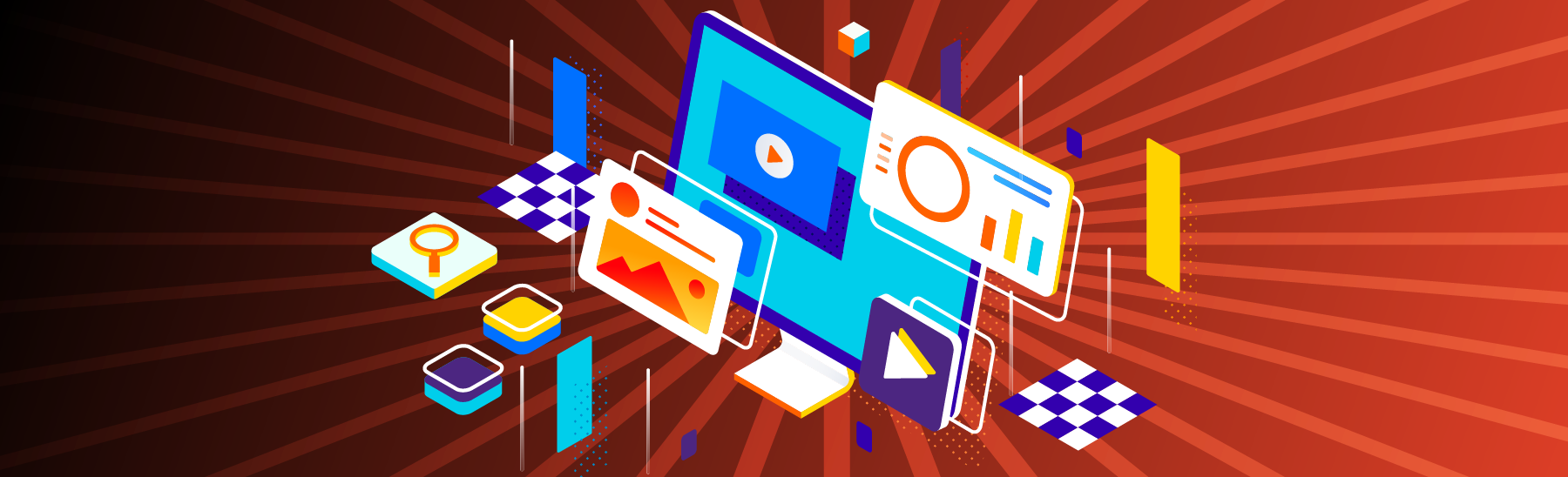 A imagem traz um fundo em tons de laranja com uma leve sombra preta, criando um visual dinâmico. Em destaque, há a ilustração de um computador exibindo diversos gráficos e imagens ilustrativas, representando análise de dados e conteúdo visual.