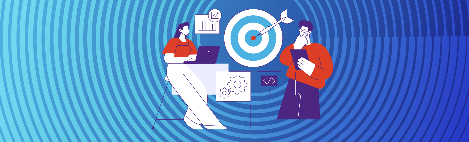 Fundo em azul com linhas formando um circulo redondo dando ênfase para a figura de duas pessoas medindo e analisando resultados de brandformance