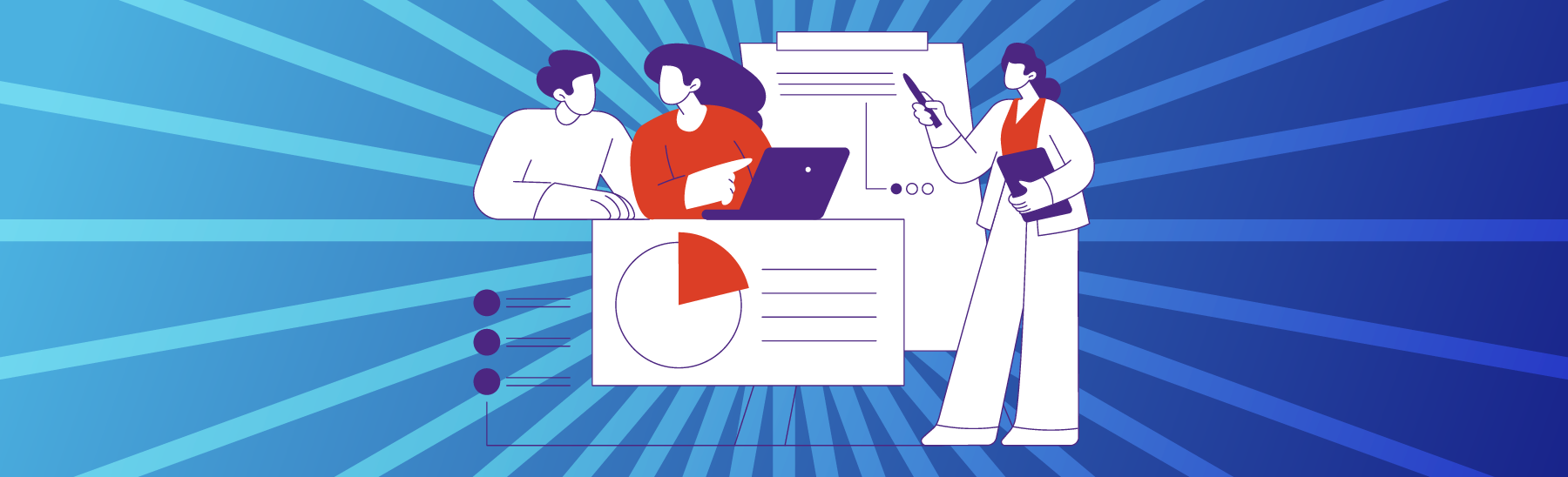 Fundo em azul com raios dando ênfase a uma figura de uma menina e um menino discutindo sobre algum resultado dado a partir de um brandformance